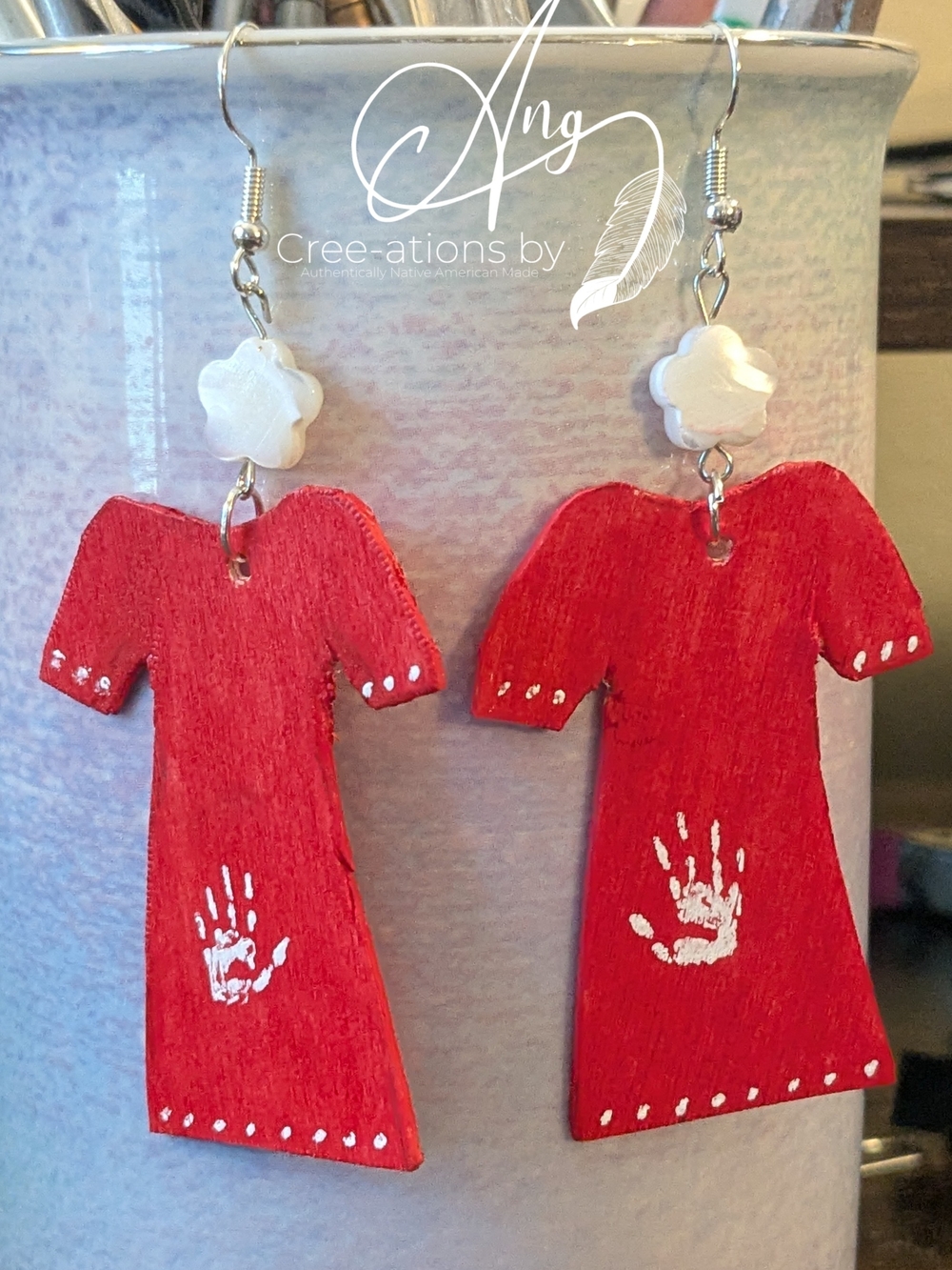Birch Wood Red Dress Hand Print Earrings With Freshwater Shell Flowers